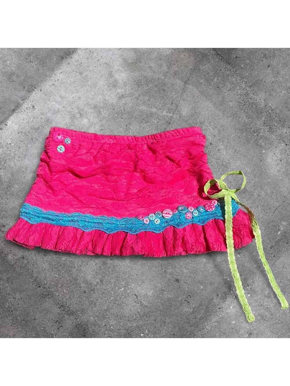 hot pink and blue lace ruched mini skirt with ruffles, XS/S